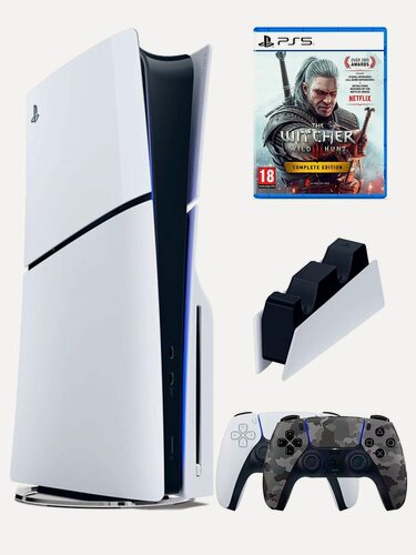 Изображение товара PS5 (ПС5) Игровая приставка Sony PlayStation 5 Slim disk+2-й геймпад(военный)+зарядное+Игра Witcher 3, 1000ГБ