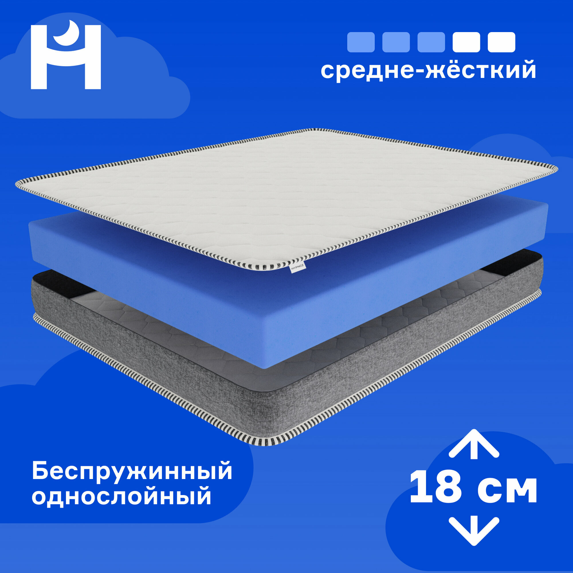 Матрас HYPNOZ Foam Classic, Беспружинный, Средне-жесткий, 140х200 см