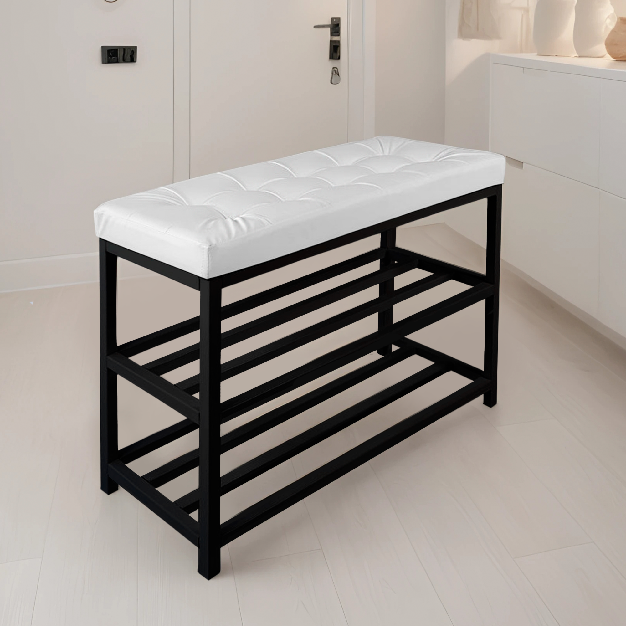 фото Банкетка пуфик в стиле Лофт для обуви с сиденьем, обувница этажерка металлическая с полками в прихожую под обувь, скамейка