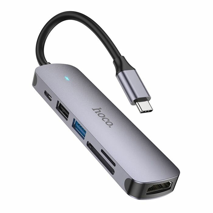 Хаб 6 в 1 HOCO HB28 USB 2.0, 1 USB 3.0, Type-C, Card Reader SD, Micro SD, HDMI серый металл