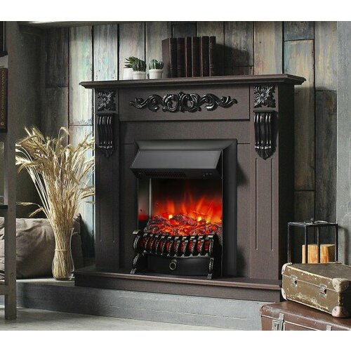 Электрокамин Sorento коричневый с очагом Fobos, звук потрескивания дров, обогрев, имитация пламени