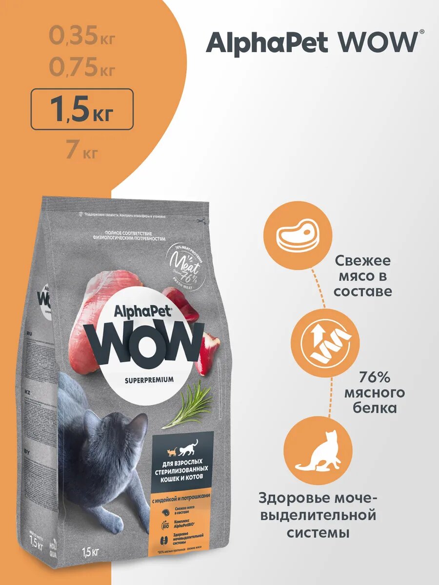AlphaPet wow сухой корм для стерилизованных кошек  индейка с потрошками  1 5 кг