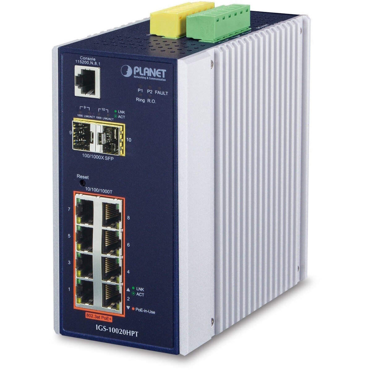 Коммутатор промышленный управляемый Planet 8x10/100/1000T 802.3at PoE + 2x100/1000X SFP c большим диапазоном рабочих температур - фото №1