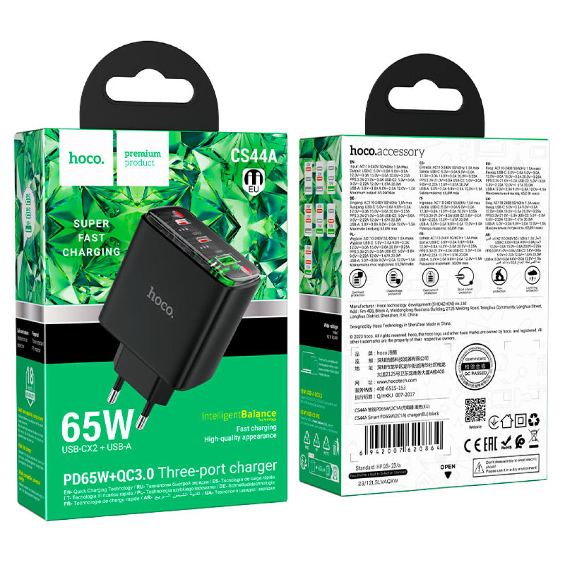 Сетевое зарядное устройство, 1 USB 3.0 QC+2 PD 65W (CS44A), HOCO, черный — фото 1