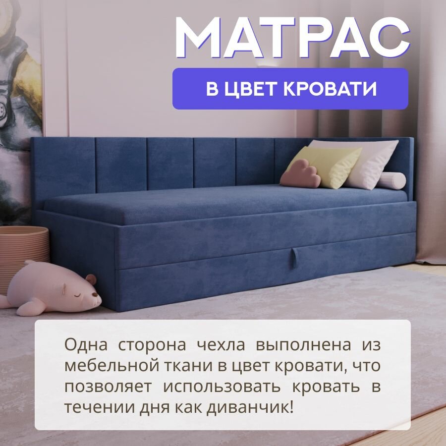 Детская диван-кровать 160х80 с выкатным ящиком, бортиком и матрасом в цвет кровати. Челси Лайт индиго — фото 1