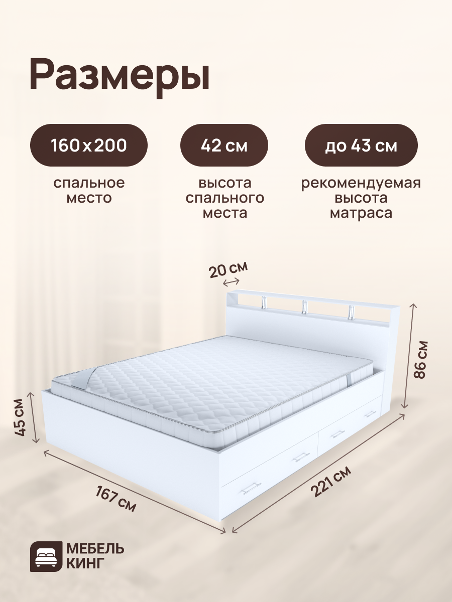 Двуспальная кровать с ящиками белая 160х200 Саломея с матрасом, зависимый пружинный блок, 18 см — фото 1