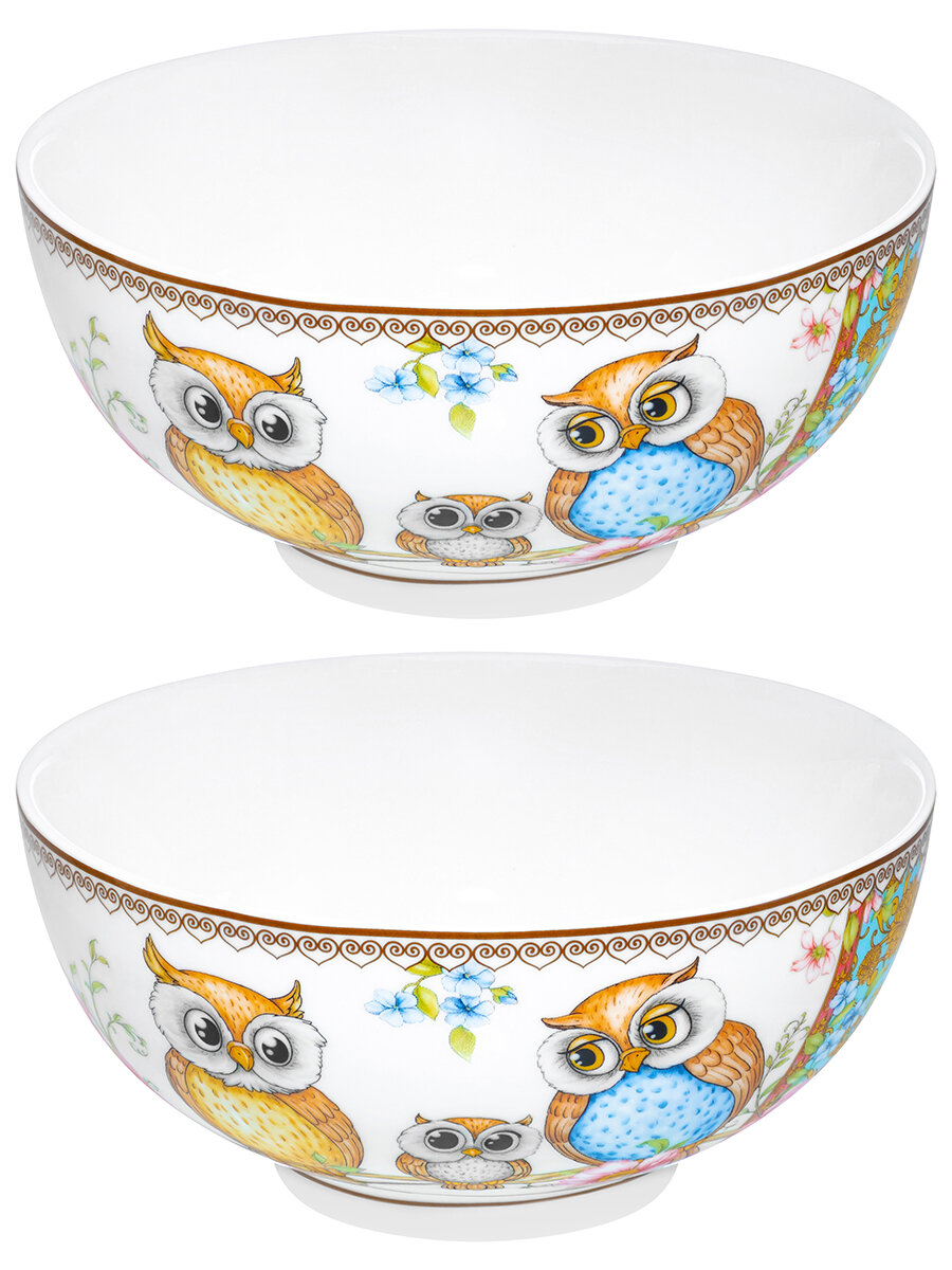 Салатник 2 шт по 600 мл Elan Gallery Совушки, 15х15х7 см, фарфор, набор — фото 1