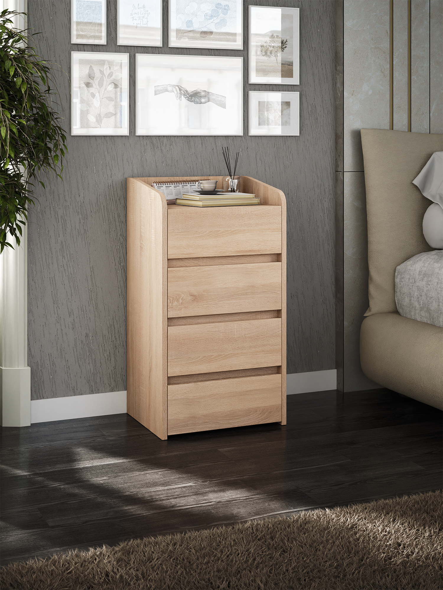 Тумба MFMaster Vitto-186, ЛДСП, 4 ящика, полка, напольная, дуб сонома, бежевая