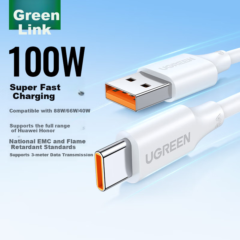 UGREEN Type-C кабель 6А для быстрой зарядки Huawei 100Вт/66Вт Pura80/Mate70 Xiaomi 3м белый огнестойкий Версия：Стандарт
