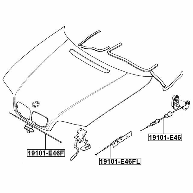 Трос привода открывания замка капота FEBEST 19101-E46FL для автомобилей BMW.