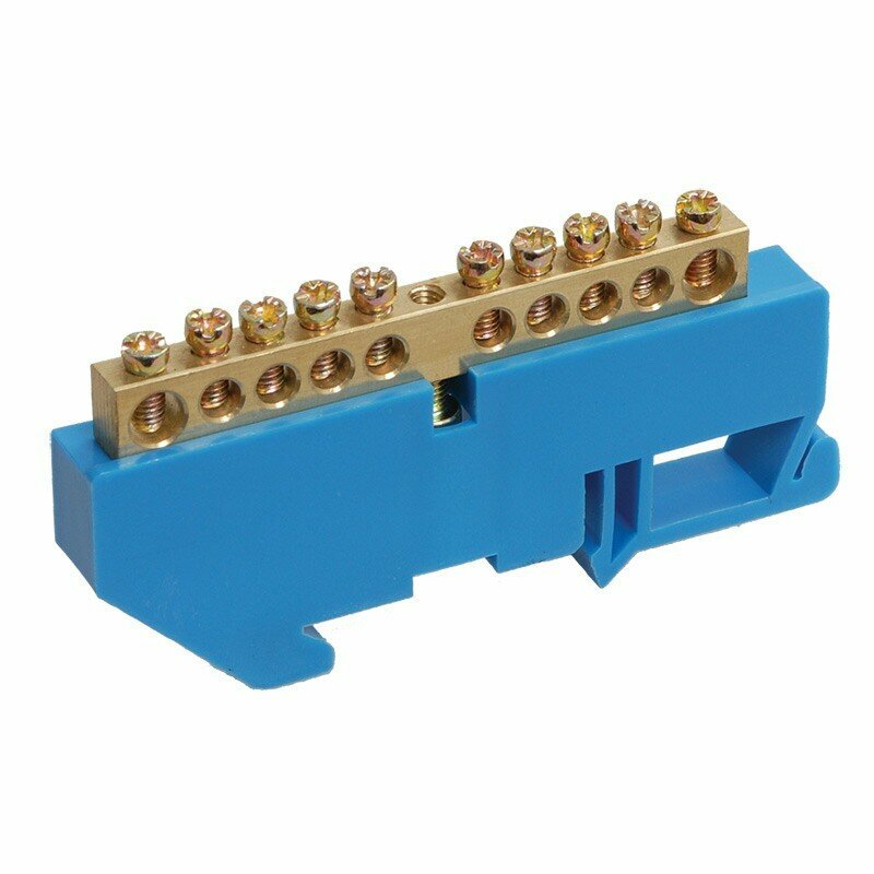 фото Шина N нулевая с синим изолятором на DIN-рейку 6x9 мм стойка бол. 10 групп REXANT, цена за 1 шт