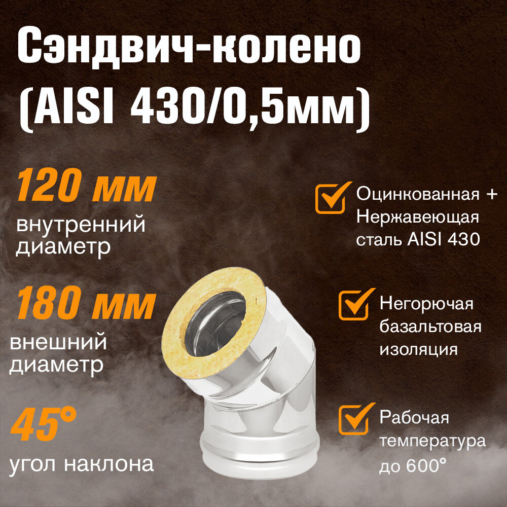 Сэндвич-колено Оцинковка+Нержавейка (AISI 430/0,5мм) 45 градусов 3 секции (120х180)