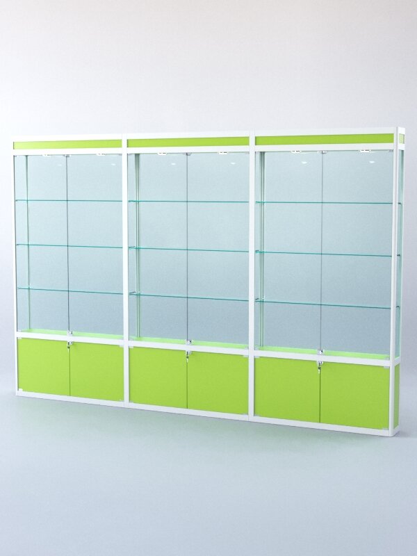 Витрина "прямоугольная" №1-3м-500-3 (задняя стенка - зеркало), Лайм + Белый 300 x 50 x 200 см