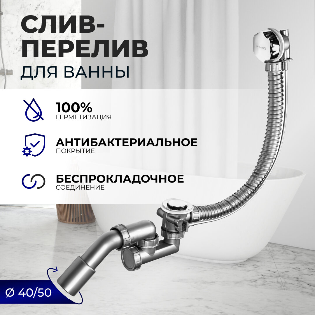 Сифон для ванны слив-перелив полуавтомат BETTOSERB с латунной накладкой