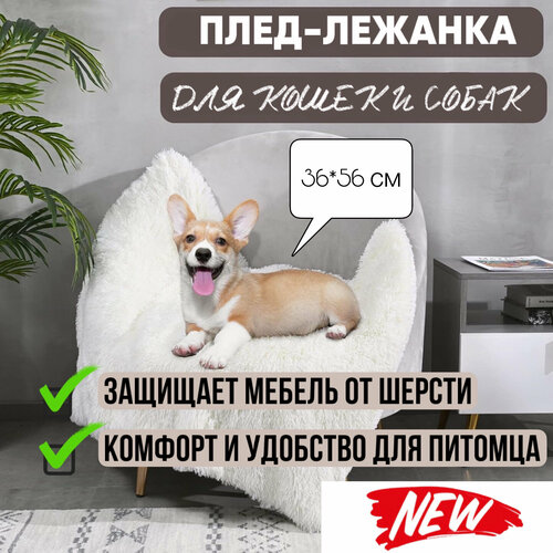Мохнатик, плед лежанка для кошек и собак, размер 36*56, полиэстер и флис, белая