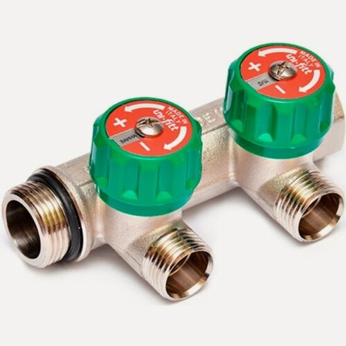 Изображение товара Коллектор Uni-fitt НВ 3/4" 2 х 1/2" Н 50мм с выходами под 90', под плоскую прокладку, никелированный с вентилями(411N3220)