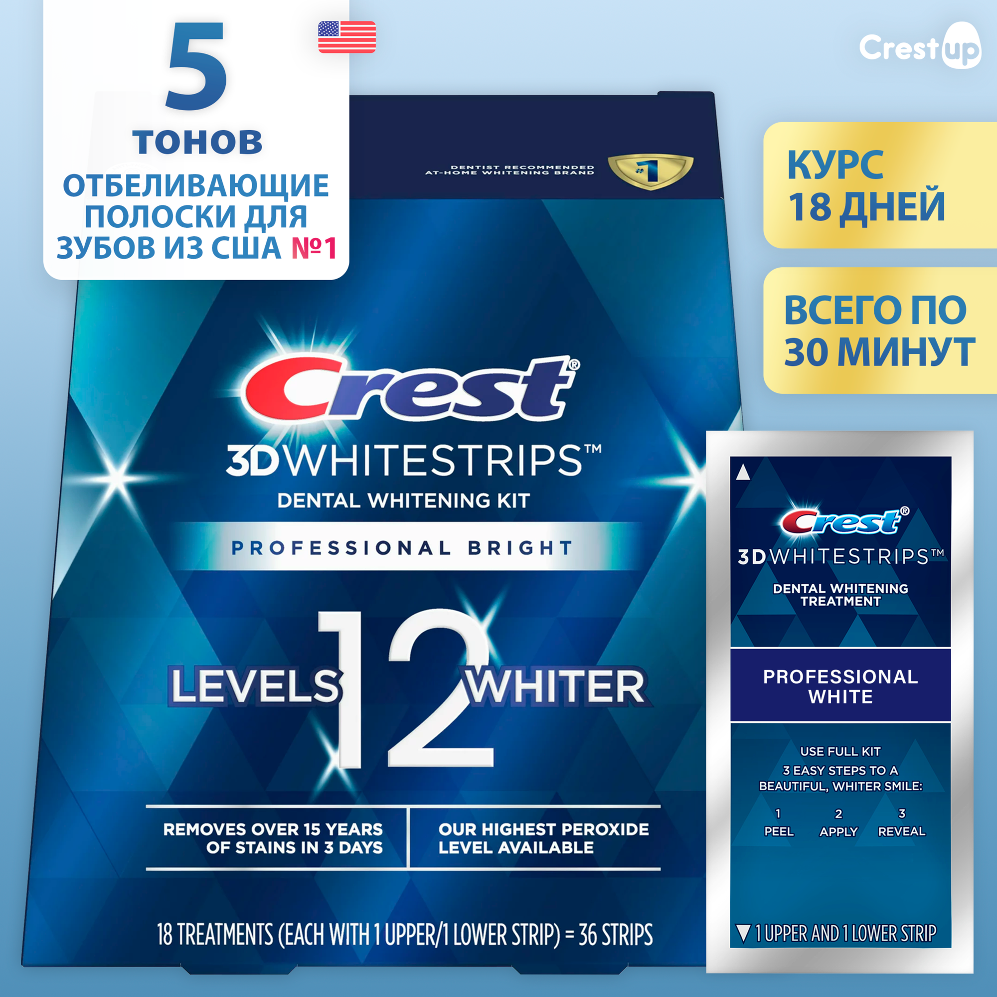 Курс 18 дней | Crest 3D Whitestrips Professional Bright – Отбеливающие полоски для зубов