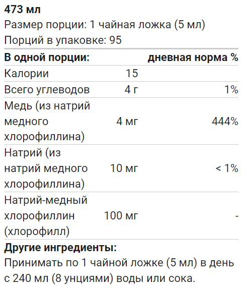Liquid Chlorophyll р-р д/вн приема фл, 473 мл, 150 г жидкий хлорофилл — фото 1