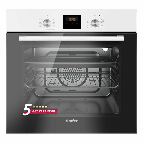 Электрический встраиваемый духовой шкаф Simfer ширина 60см 7 режимов работы конвекция гриль таймер часы 58 литров подсветка противень хромированная решетка 5 лет гарантии белый 3612700₽