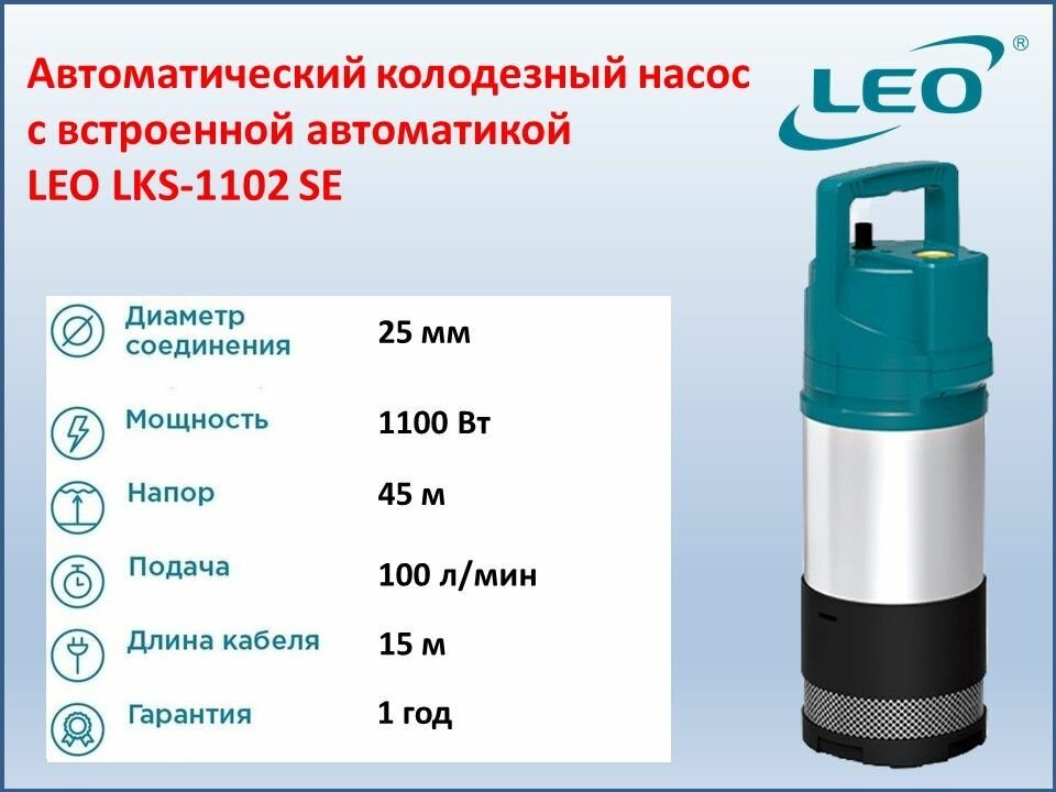 Колодезный автоматический насос LEO LKS-1102SE (1100 Вт, 100 л/мин, 45 м, встроенная автоматика, защита от сухого хода)