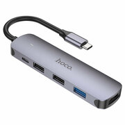USB Хаб (HB27) c 1 Type-C на 1 USB 3.0 + 2 USB 2.0+USB-C+HDMI, HOCO, металлический серый
