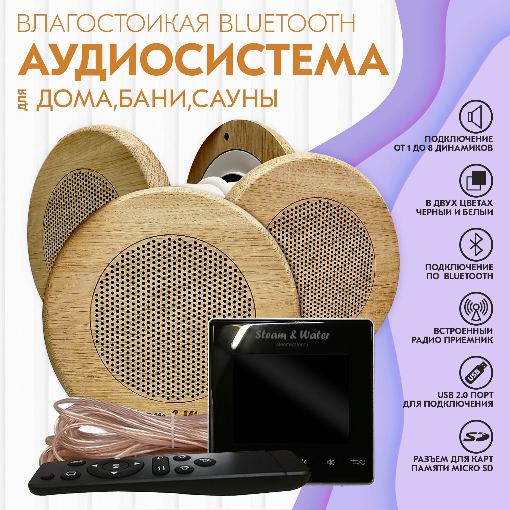 Комплект влагостойкой акустики для бани и сауны SW 4 Black SAUNA (круглая решетка)