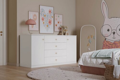 Изображение товара Комод МебельЛэнд24 Стрекоза Mini - 3 Белый 160x52x80 двухдверный с 4 ящиками