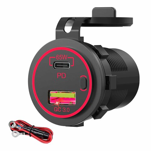 12-24 В USB-розетка для ноутбука Зарядное устройство 65 Вт USB-C PD30 и 18 Вт QC30 Многофункциональная автомобильная USB-розетка Водонепроницаемая с выключателем питания для автомобиля на колесах Red 1238₽