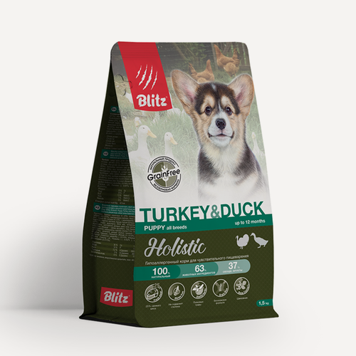 Изображение товара Сухой корм для щенков Blitz Holistic, для беременных и кормящих сук, с чувствительным ЖКТ с индейкой и уткой - 1,5 кг