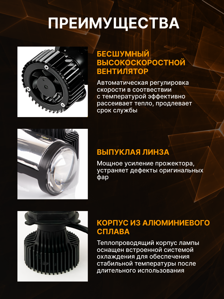 ОРИГИНАЛ Светодиодные лампы H4 Y6D MAX, лед лампы h4 с регулировками, мини линзы h4 белые 5500k, комплект 2шт. — фото 1