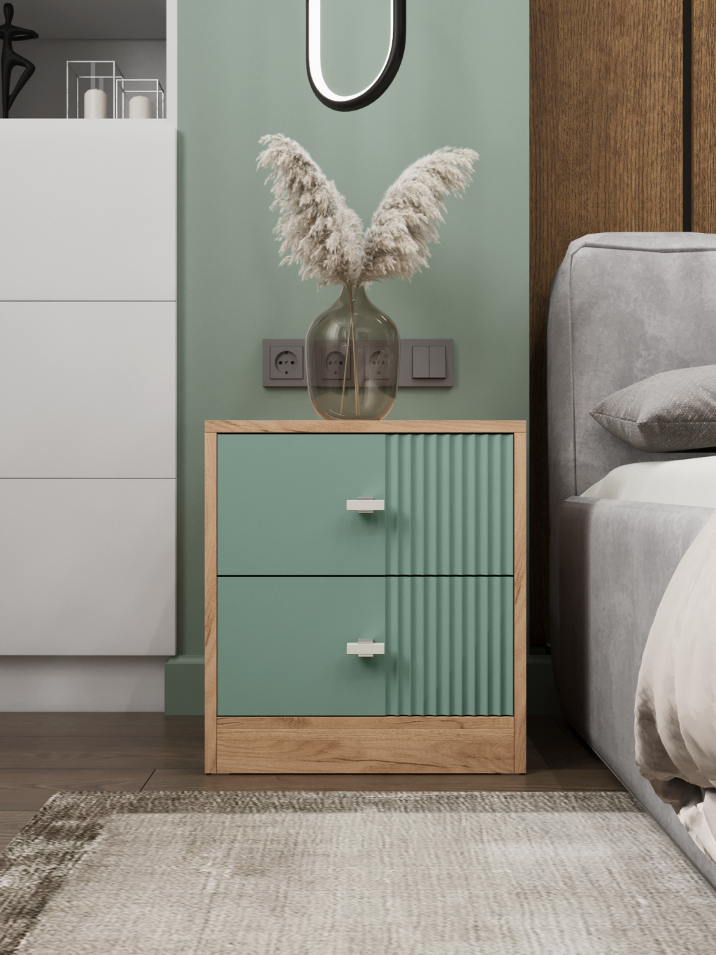 Прикроватная тумба для спальни Волна-2 напольная зеленый/дуб крафт золотой 2 ящика