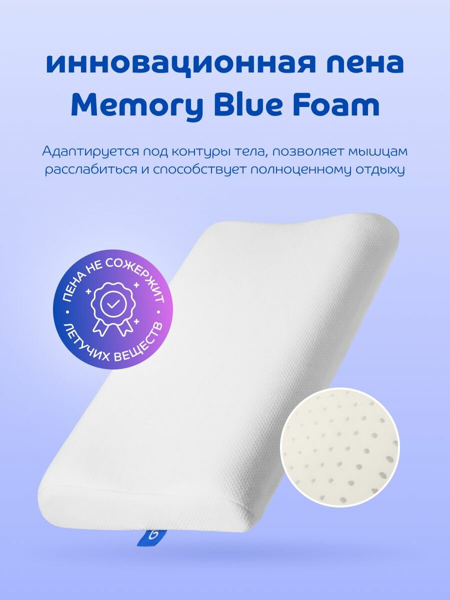 Анатомическая подушка с эффектом памяти для сна, для шеи Blue Sleep Blossom / Подушка Memory с памятью формы 28x45х8 см — фото 1