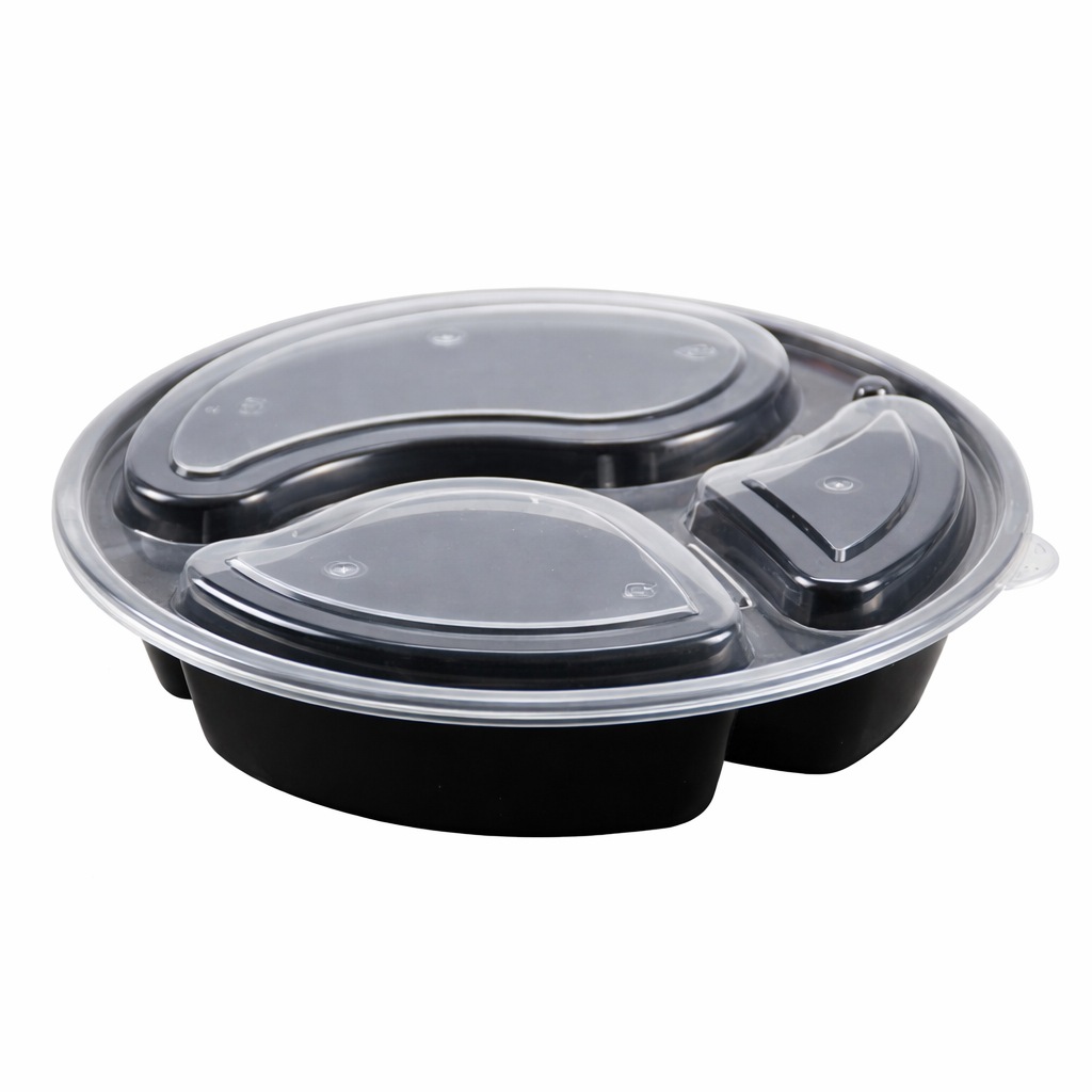 Контейнер пластиковый трёхсекционный с крышкой, для доставки и хранения еды (100 штук)