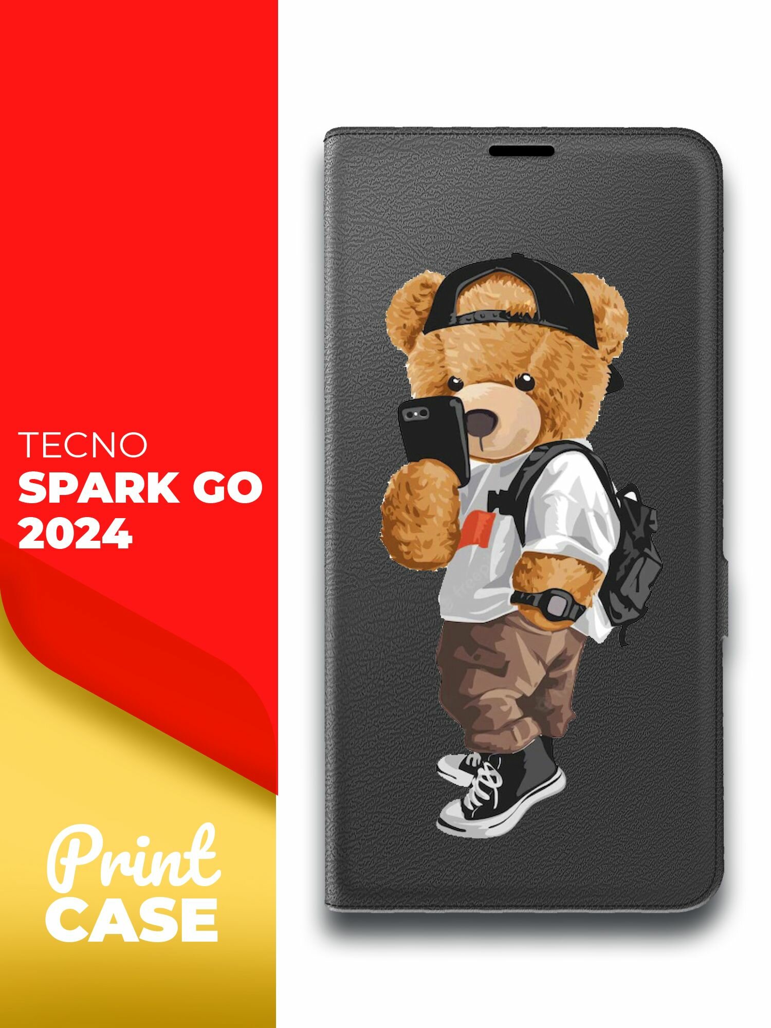 Чехол на Tecno Spark Go 2024 (Техно Спарк Гоу 2024) черный книжка эко-кожа подставка отделение для карт магнит Book case Miuko (принт) Мишка Смартфон