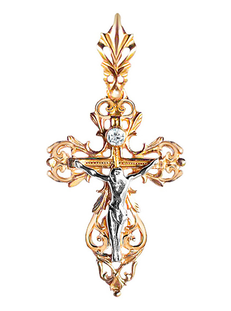 Крестик АУ-РУМопт Крест православный из позолоченного серебра, серебро, 925 проба, золочение, фианит