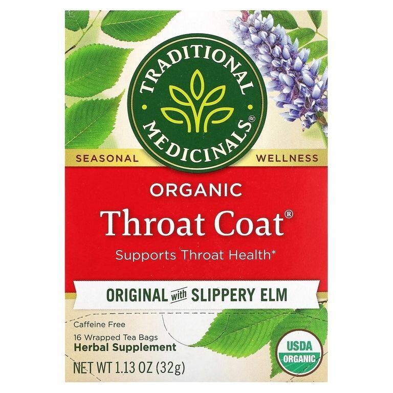 Organic Throat Coat, чай для здоровья горла со скользким вязом, без кофеина, 16 чайных пакетиков