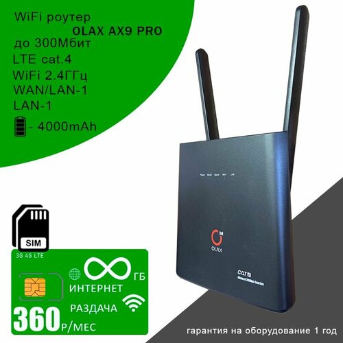 Wi-Fi роутер OLAX AX9 PRO I АКБ 4000mAh + сим карта с безлимитным интернетом и раздачей за 360р/мес wi fi роутер olax ax9 pro black i акб 4000mah сим карта с интернетом и раздачей 5гб за 150р мес