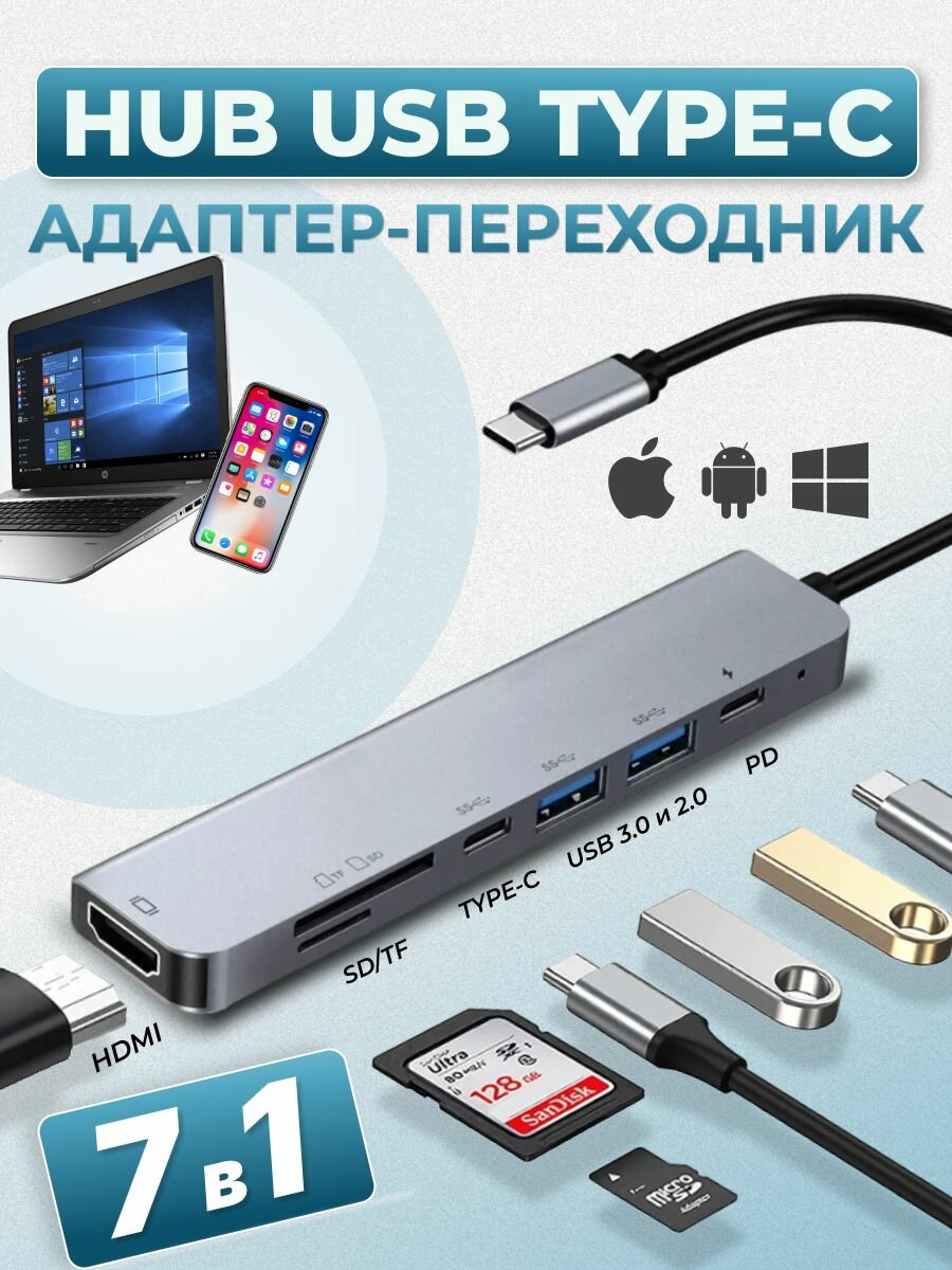 USB HUB разветвитель 7 в 1 Type C для MacBook / USB / HDMI адаптер 4k/ RJ-45 адаптер / USB HUB 3.0 / картридер для ноутбука