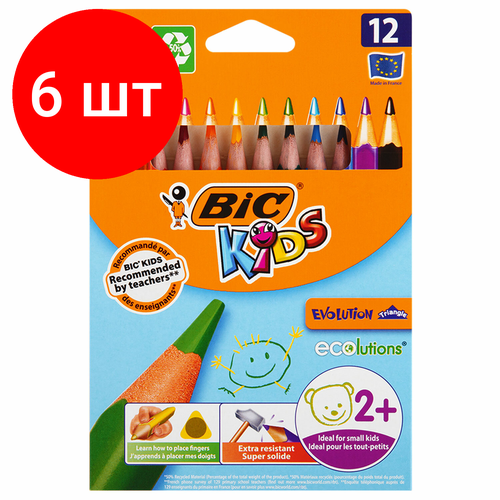 Комплект 6 шт, Карандаши цветные утолщенные BIC Kids Evolution Triangle, 12 цветов, пластиковые, трехгранные, картонная упаковка, 8297356 карандаши чернографитные bic evolution triangle 4 шт