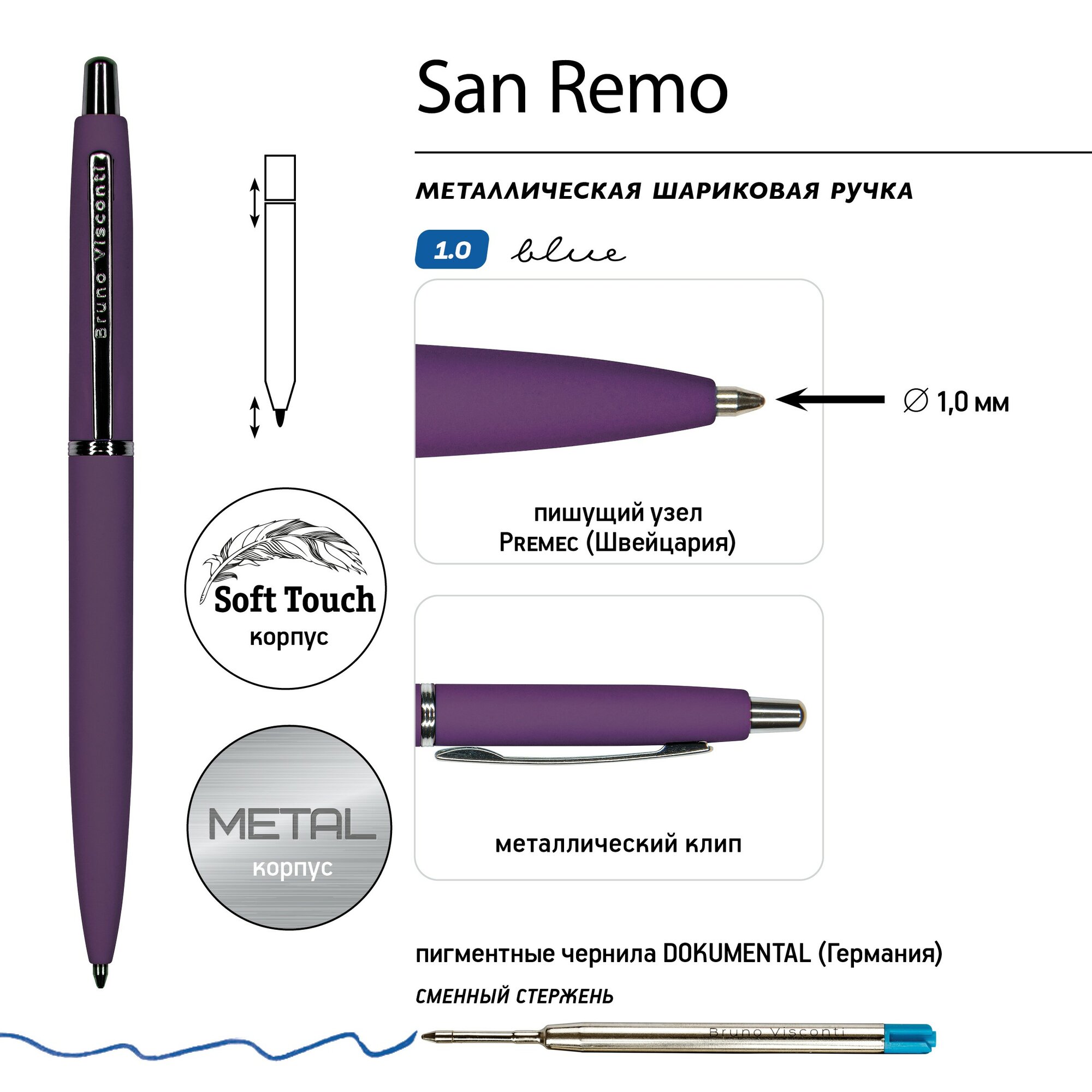 Ручка шариковая автоматическая San Remo в подарочном футляре, синий, 1 мм Bruno Visconti - фото №8