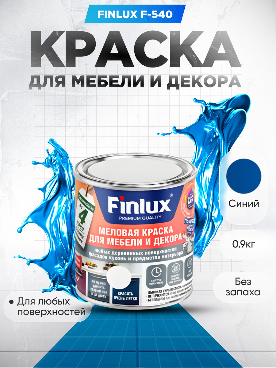Краска для мебели и декора любых деревянных поверхностей, кухонь и предметов интерьера Finlux F-540-Синий-0,9 кг