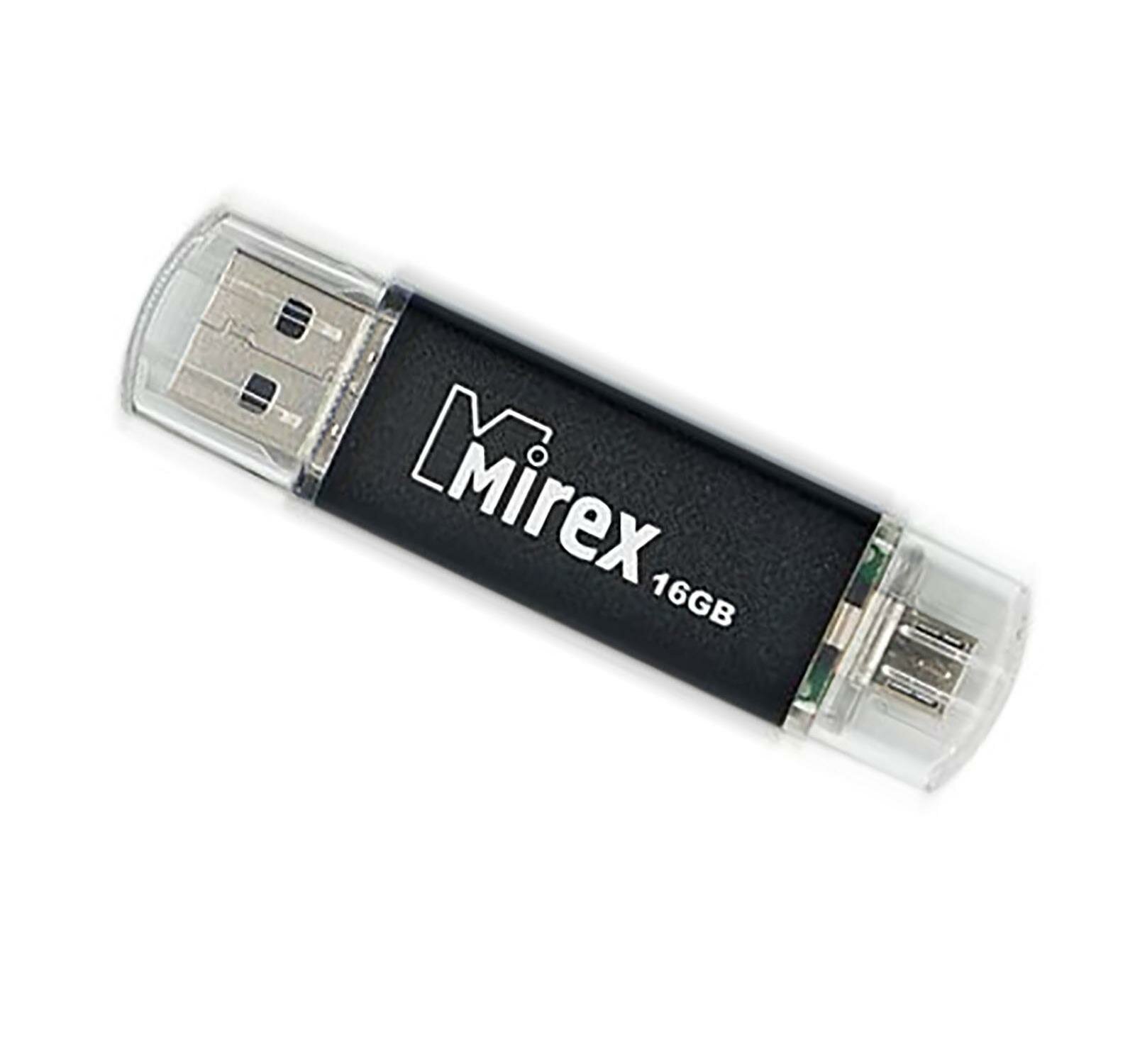 Флешка Mirex SMART BLACK, 16 Гб, USB2.0, USB/microUSB, чт до 25 Мб/с, зап до 15 Мб/с, черная