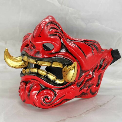 Маска японского Демона они (Oni) с клыками / Полумаска самурая на лицо. маска демона они мэнпо самурайская