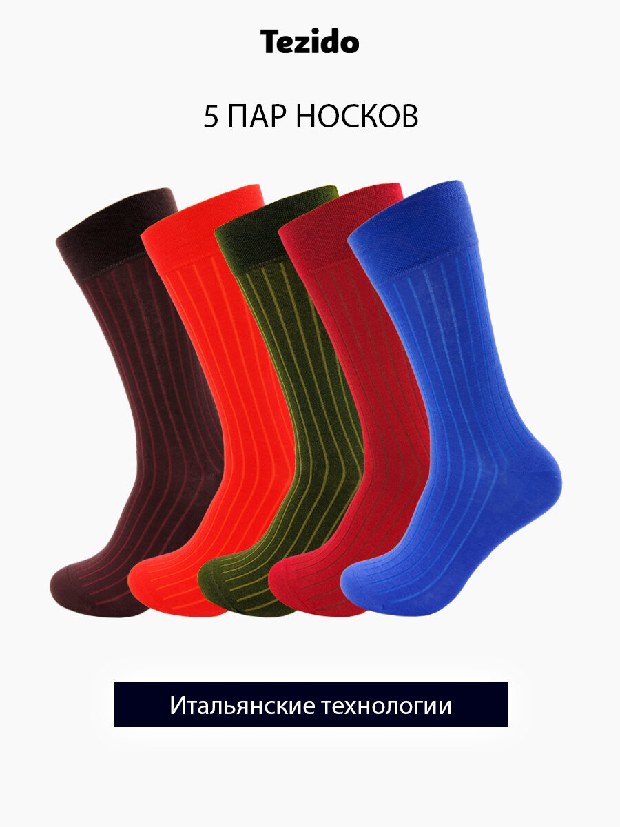Носки Tezido, 5 пар, размер 41-46, коричневый, красный, синий, хаки