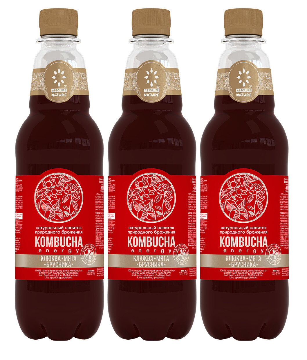 Комбуча чайный гриб Absolute Nature "Kombucha-ENERGY" без сахара клюква, мята, брусника, 0.555 л, 3 бутылки