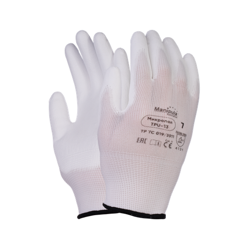 Перчатки нейлоновые с полиуретаном Manipula МикроПол MG-162 (TPU-13), арт.1407 белые, р. 9, 3пары белый