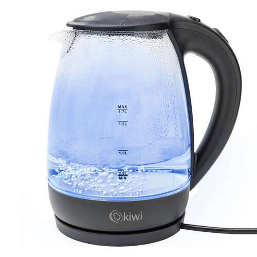 Чайник прозрачный электрический KIWI KK-3328W, белый, стеклянный с синей подсветкой, 1.7 литра 2200 Вт.