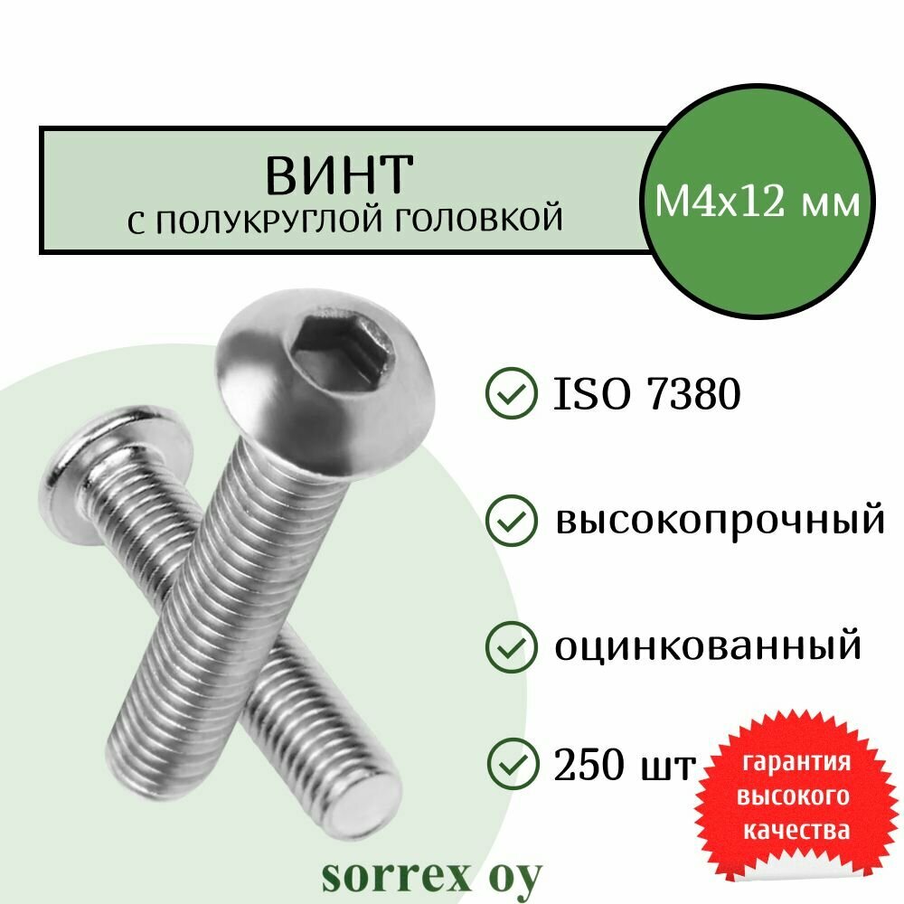 Винт М4х12 ISO7380 высокопрочный 10,9 оцинкованный с полукруглой головой и внутренним шестигранником Sorrex OY (250 штук)