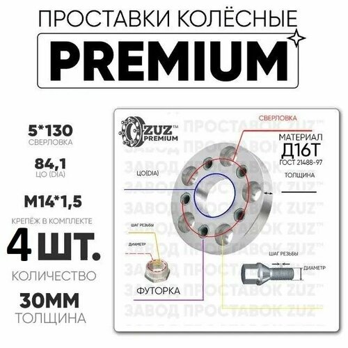 Проставки колёсные 4шт. 30мм 5*130 ЦО84,1 м14*1,5 б+ф 30мм премиум