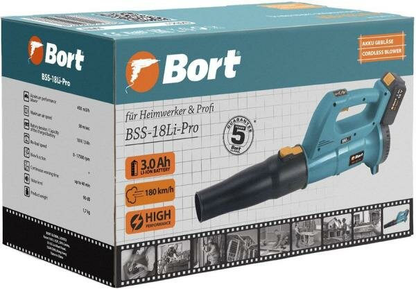 Bort Воздуходувка аккумуляторная Bort BSS-18Li-Pro {Воздушный поток .50 м/сек; Максимальная производительность воздуходувки 450 м3/час} [93411737]